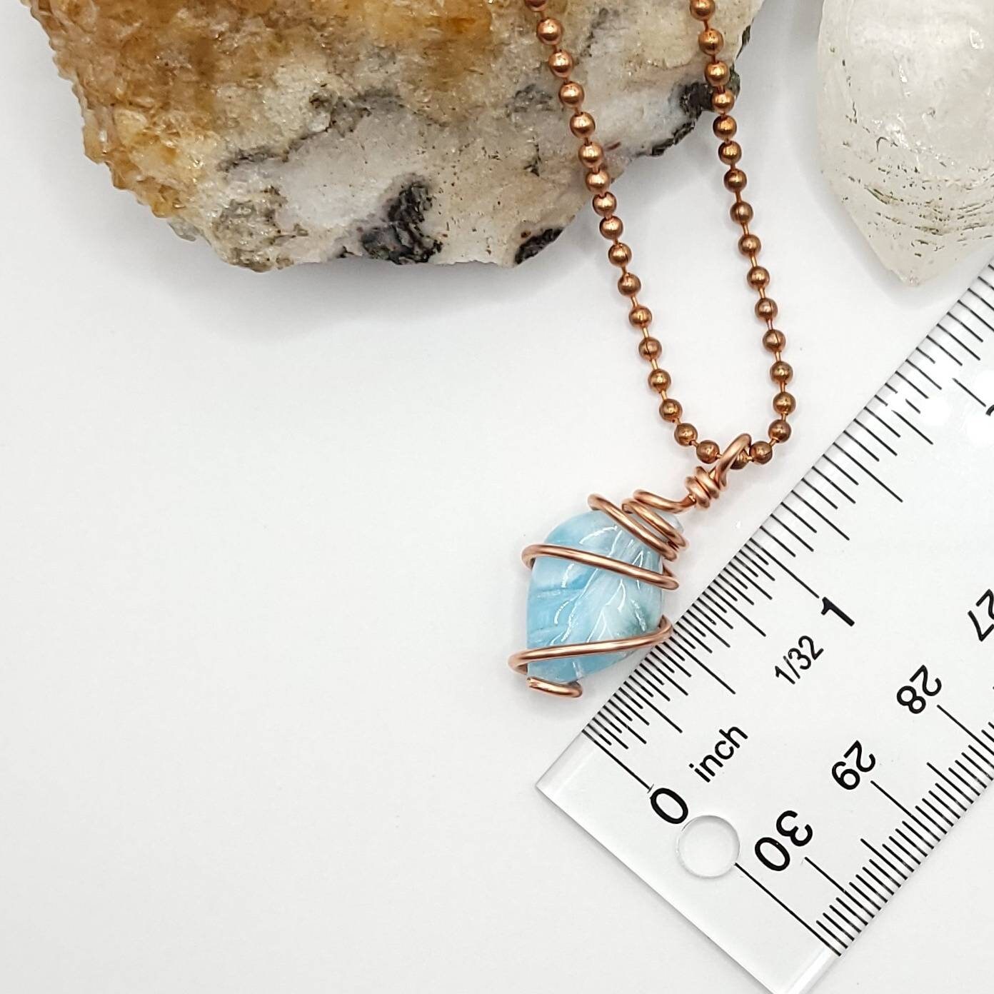 Larimar Leaf Necklace, Copper Wire Wrapped Larimar Pendant