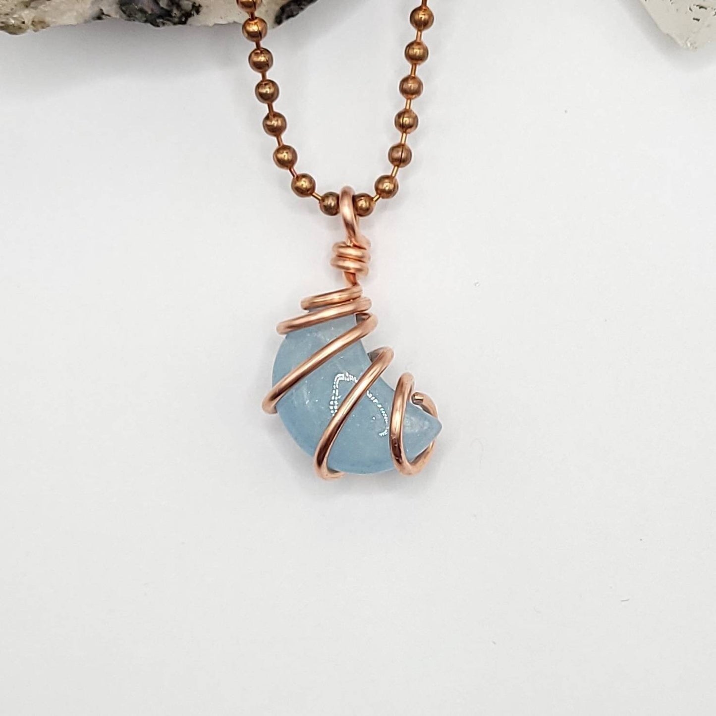 Aquamarine Moon Necklace, Copper Wire Wrapped Aquamarine Crescent Moon Pendant, Aquamarine Jewelry, Crystal Necklace