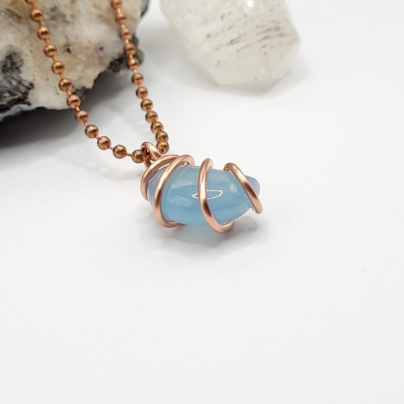 Aquamarine Moon Necklace, Copper Wire Wrapped Aquamarine Crescent Moon Pendant, Aquamarine Jewelry, Crystal Necklace