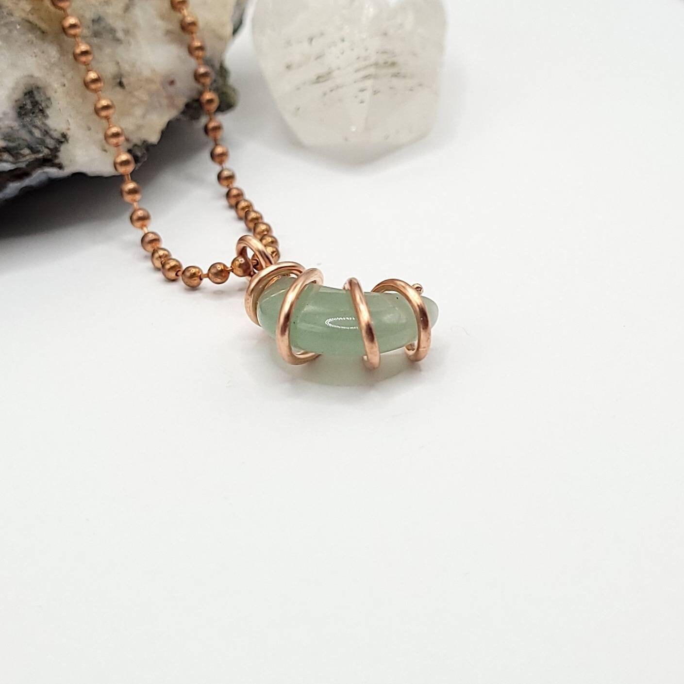 Green Aventurine Crescent Moon Necklace, Copper Wire Wrapped Green Aventurine Pendant, Crystal Moon Necklace