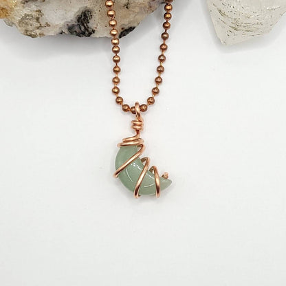 Green Aventurine Crescent Moon Necklace, Copper Wire Wrapped Green Aventurine Pendant, Crystal Moon Necklace