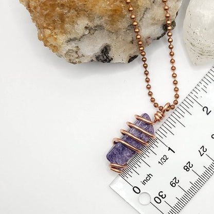 Charoite Necklace, Copper Wire Wrapped Charoite Pendant, Charoite Crystal | Aids in Spiritual Growth, Inspiration and Transformation