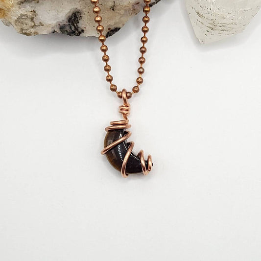 Tiger's Eye Moon Necklace, Copper Wire Wrapped Pendant. Tiger's Eye Crescent Moon