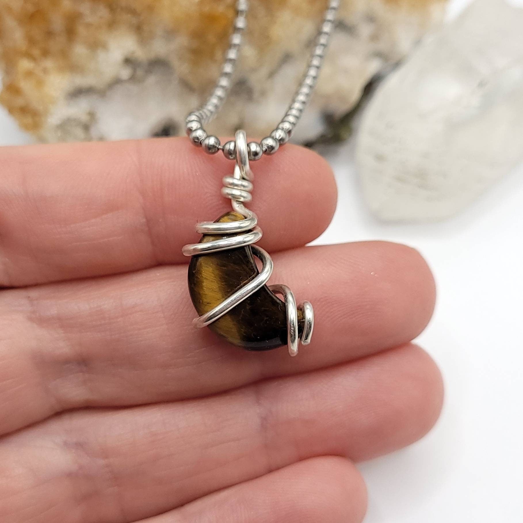 Tiger's Eye Moon Necklace, Silver Wire Wrapped Pendant. Tiger's Eye Crescent Moon