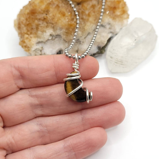 Tiger's Eye Moon Necklace, Silver Wire Wrapped Pendant. Tiger's Eye Crescent Moon