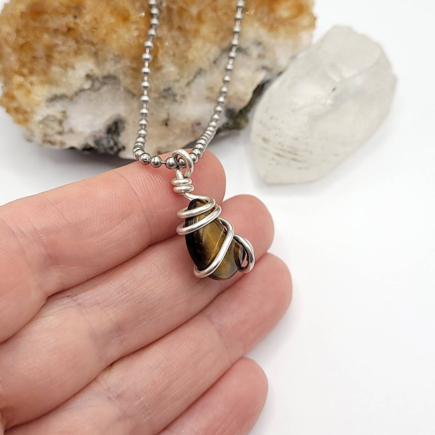 Tiger's Eye Moon Necklace, Silver Wire Wrapped Pendant. Tiger's Eye Crescent Moon