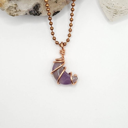 Amethyst Moon Necklace, Copper Wire Wrapped Amethyst Pendant, Crystal Crescent Moon Pendant