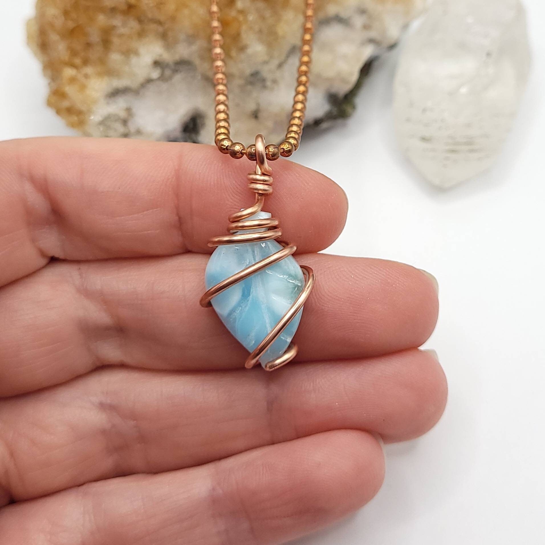 Larimar Leaf Necklace, Copper Wire Wrapped Larimar Pendant