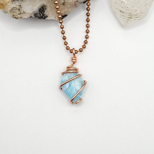 Larimar Leaf Necklace, Copper Wire Wrapped Larimar Pendant