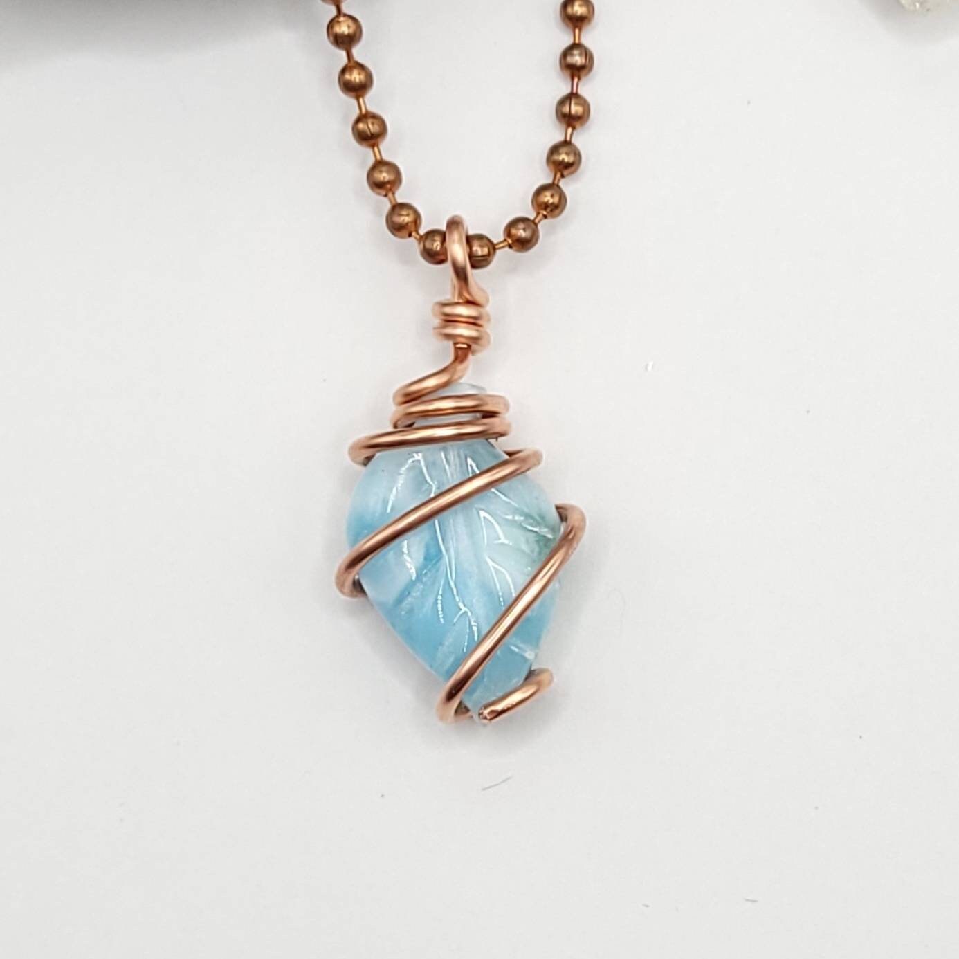 Larimar Leaf Necklace, Copper Wire Wrapped Larimar Pendant