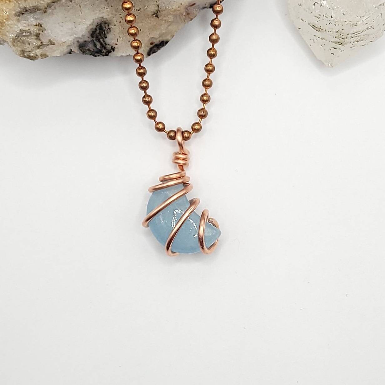 Aquamarine Moon Necklace, Copper Wire Wrapped Aquamarine Crescent Moon Pendant, Aquamarine Jewelry, Crystal Necklace