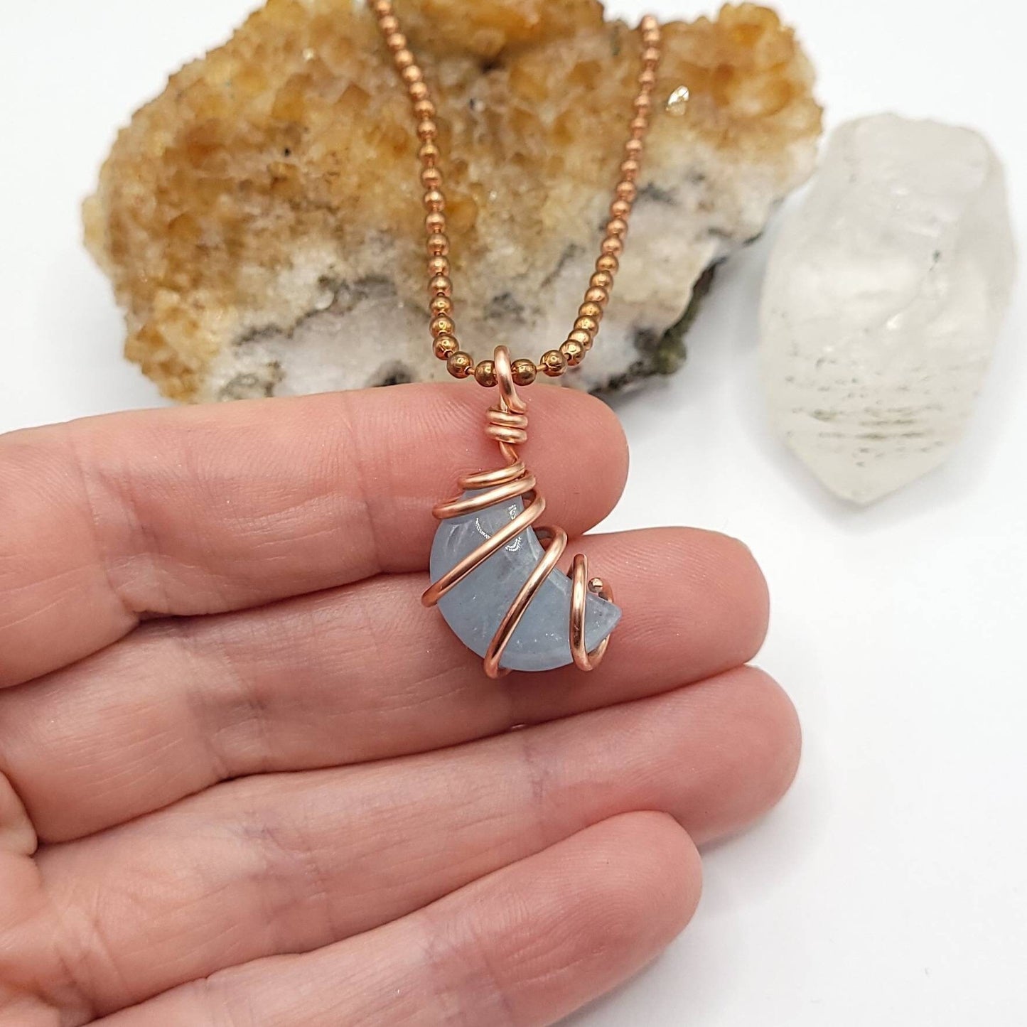 Aquamarine Moon Necklace, Copper Wire Wrapped Aquamarine Crescent Moon Pendant, Aquamarine Jewelry, Crystal Necklace