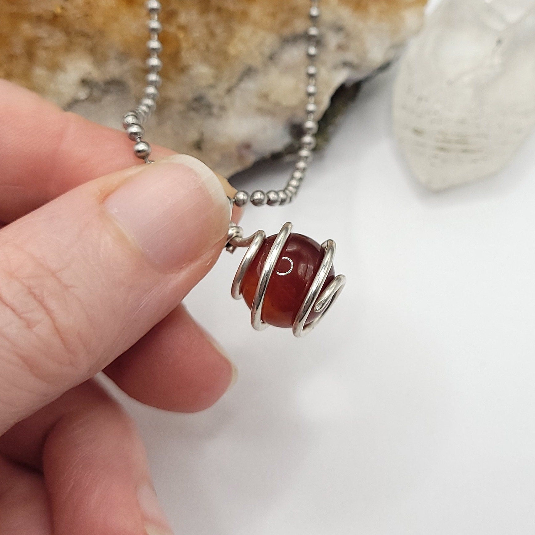 Carnelian Sphere Necklace, Silver Wire Wrapped Carnelian Pendant, Carnelian Jewelry, Crystal Necklace