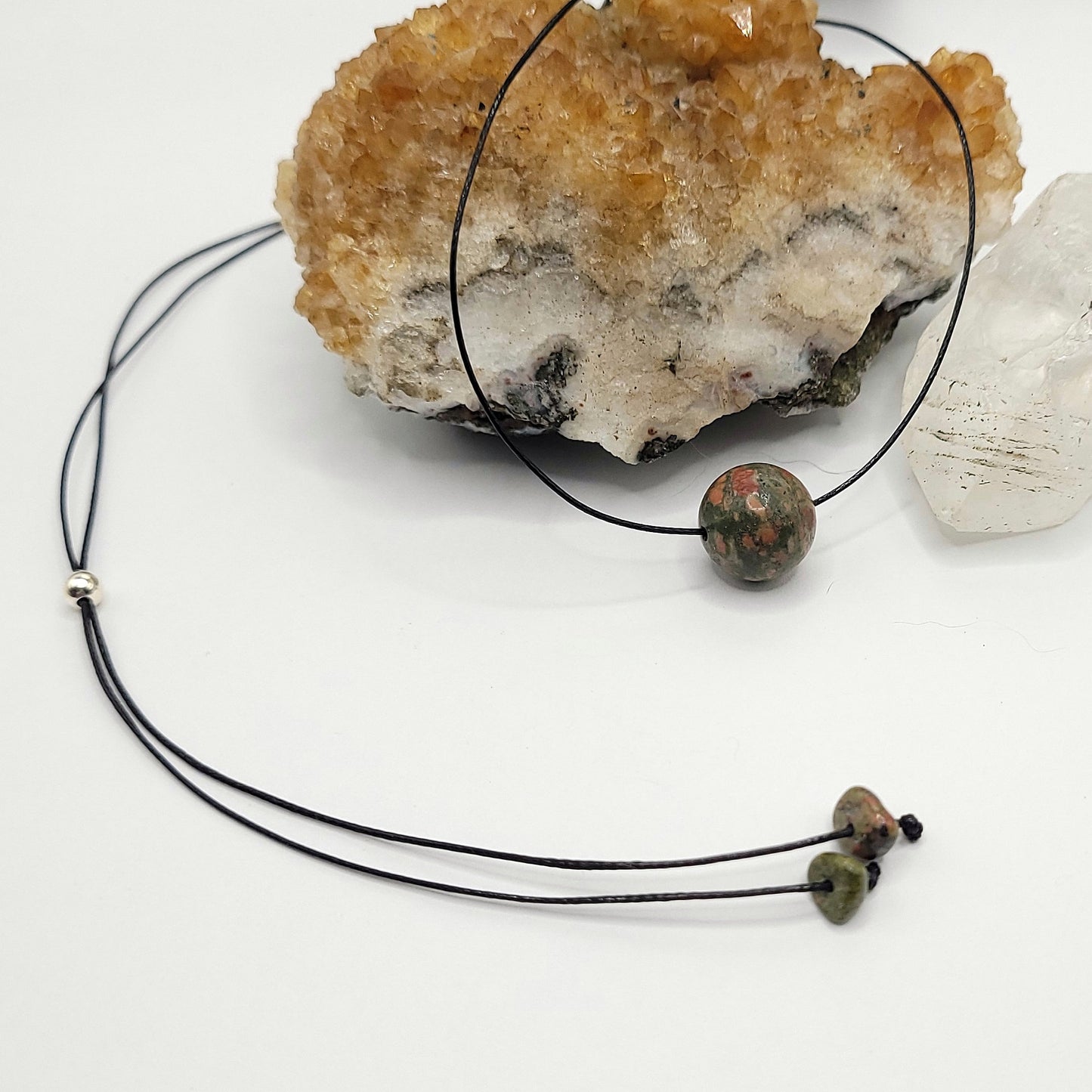 Adjustable Unakite Necklace, Dainty Unakite Choker, Minimalist Unakite Pendant