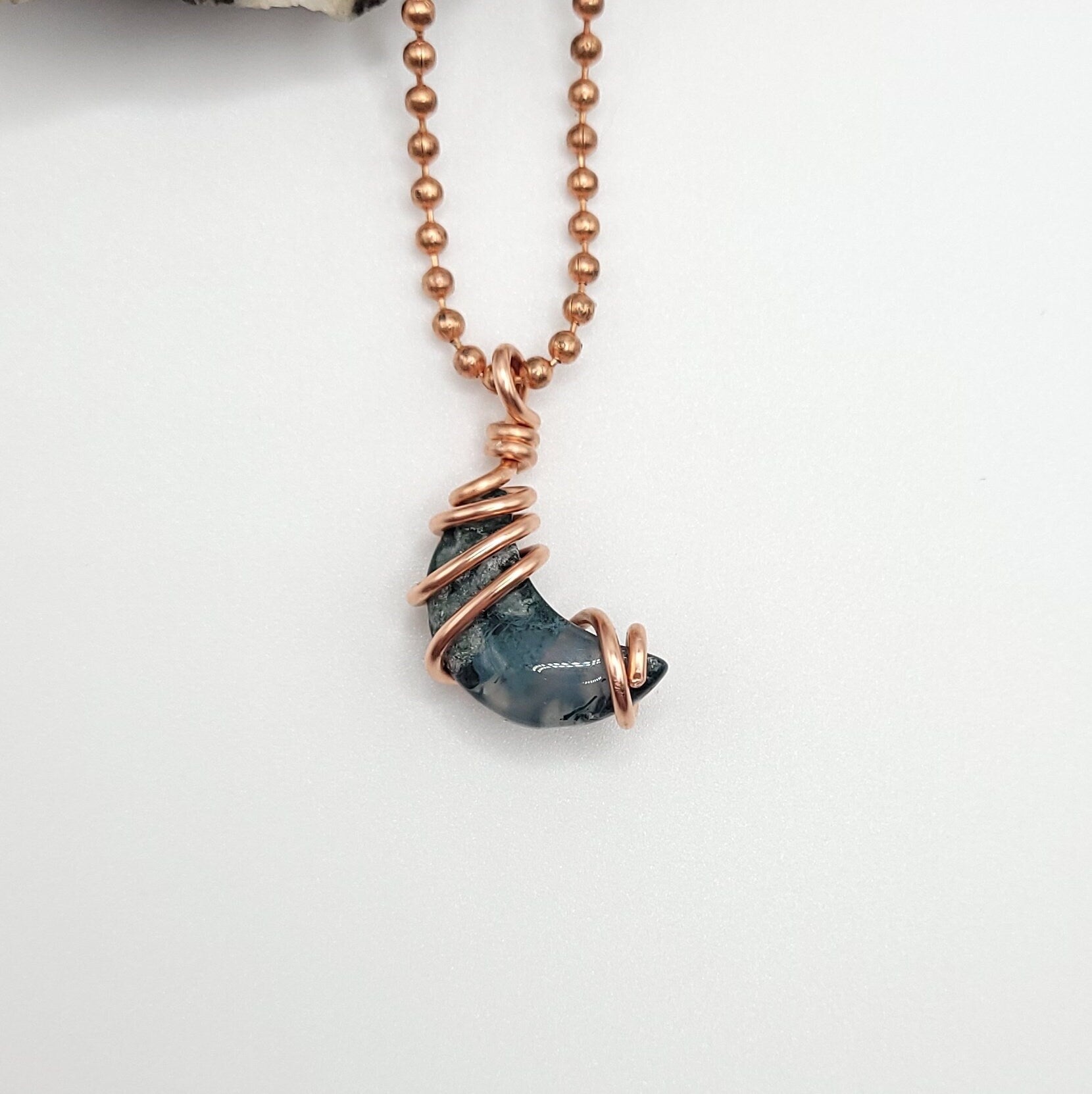 Green Moss Agate Moon Necklace, Copper Wire Wrapped Moss Agate Moon Pendant