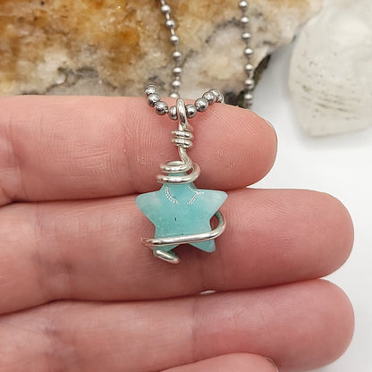 Amazonite Star Necklace, Silver Wire Wrapped Amazonite Pendant, Crystal Star Pendant