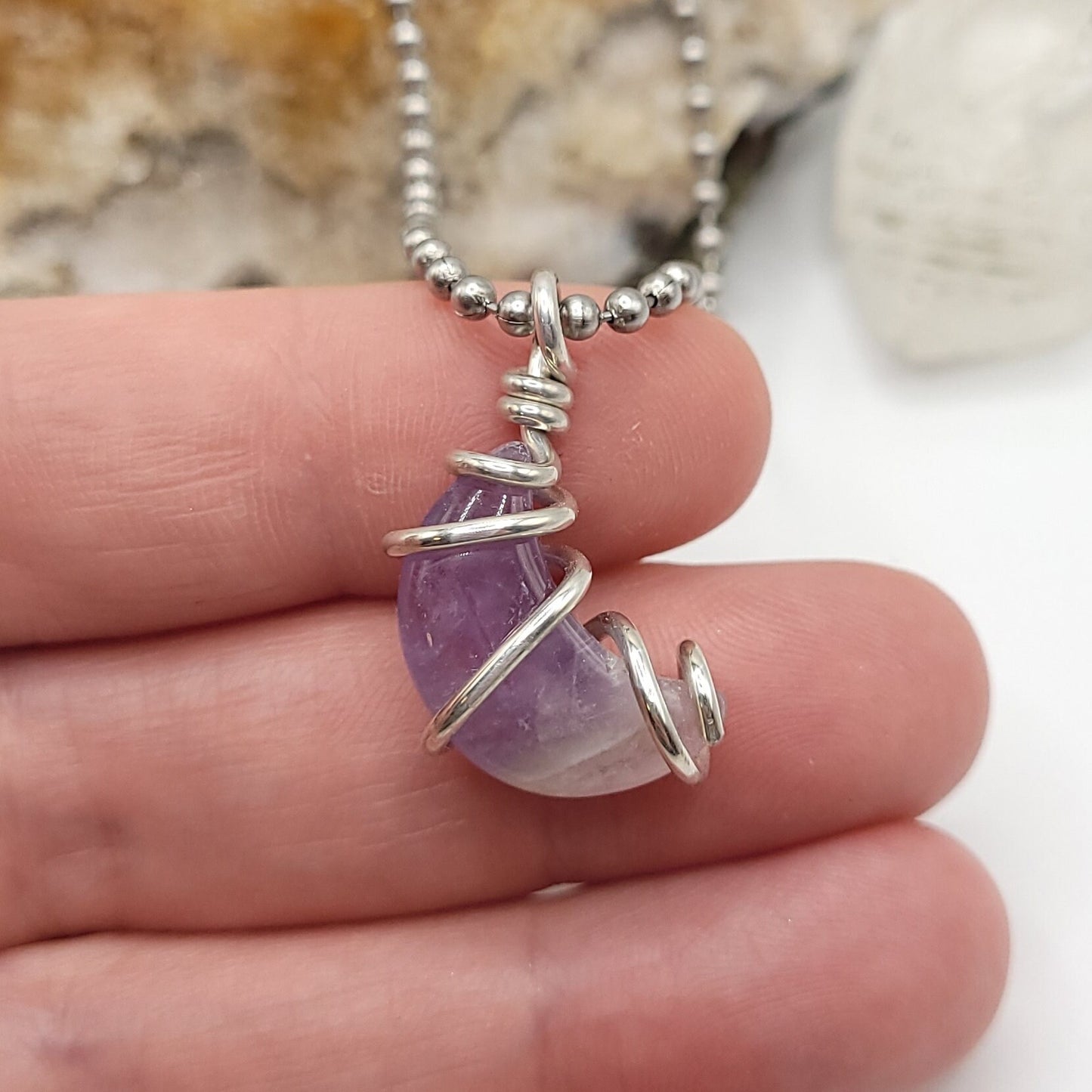 Amethyst Moon Necklace, Silver Wire Wrapped Amethyst Pendant, Crystal Crescent Moon Pendant