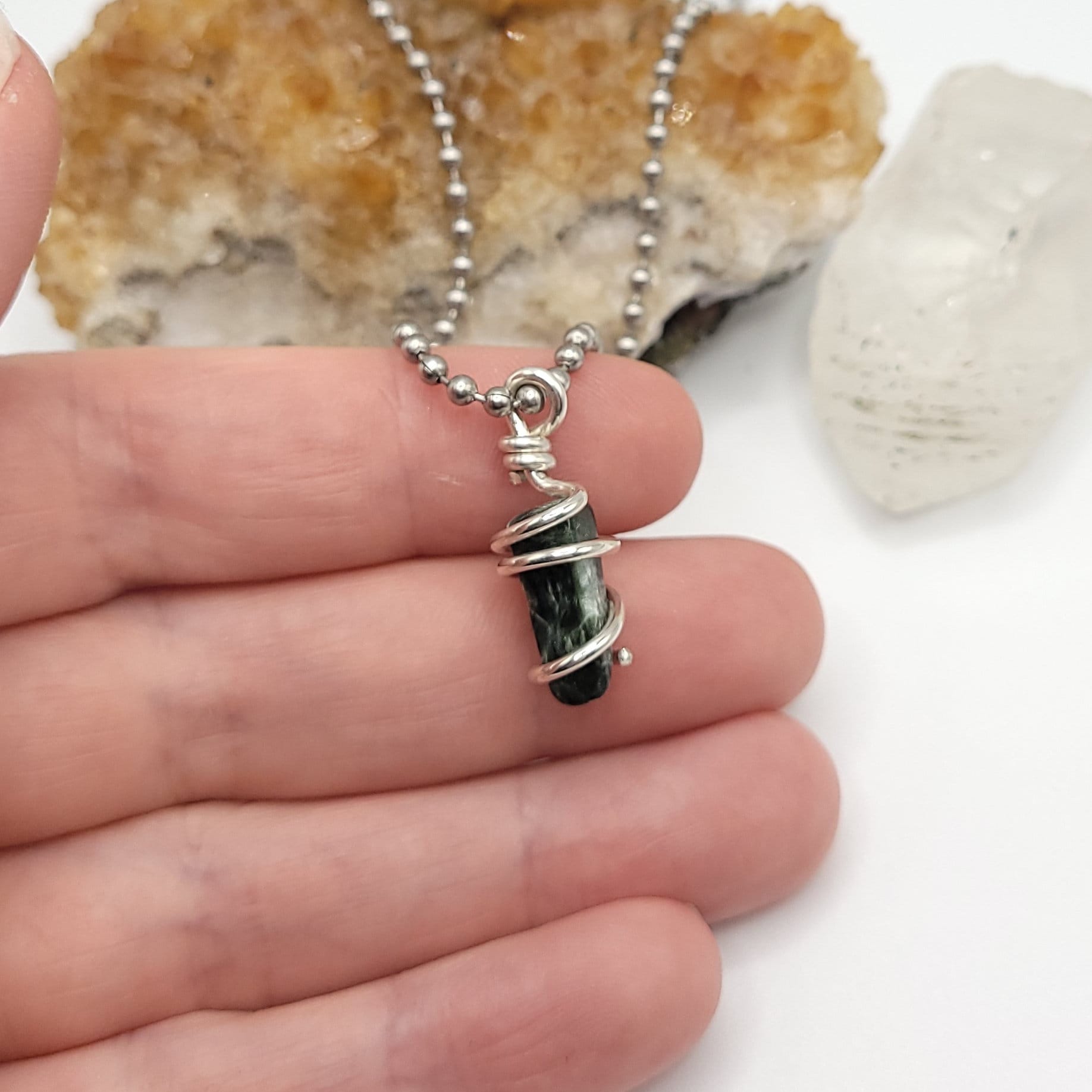 Seraphinite Necklace, Silver Wire Wrapped Seraphinite Pendant