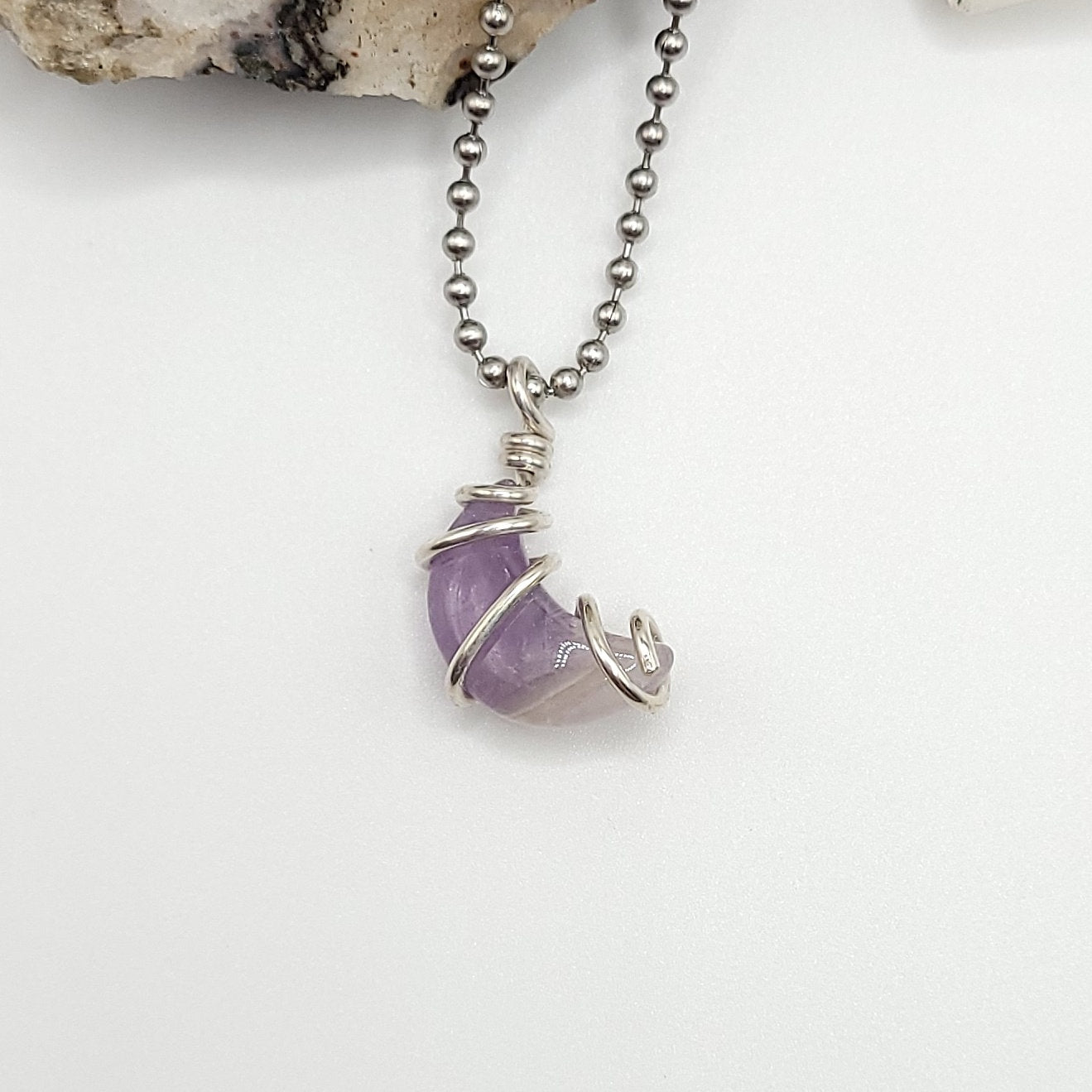 Amethyst Moon Necklace, Silver Wire Wrapped Amethyst Pendant, Crystal Crescent Moon Pendant