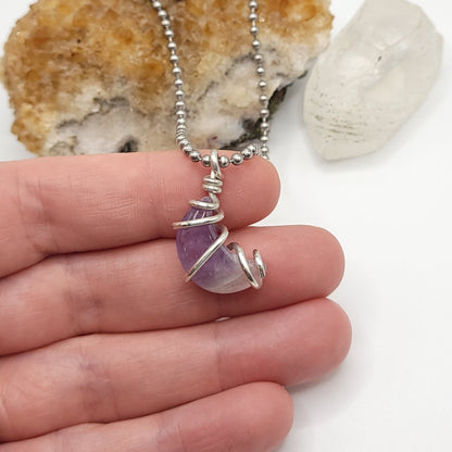 Amethyst Moon Necklace, Silver Wire Wrapped Amethyst Pendant, Crystal Crescent Moon Pendant