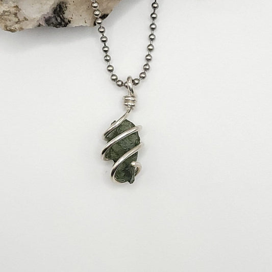 Moldavite Necklace, Wire Wrapped Pendant, Tektite, Meteor, Sterling Silver Jewelry, Crystal Healing, Consciousness, High Vibration, Intense