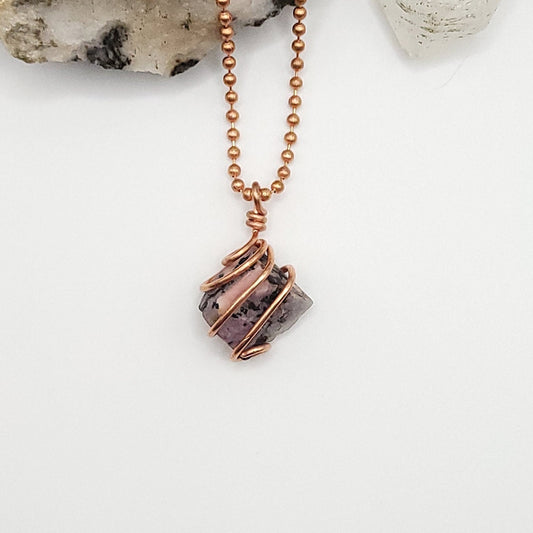 Rhodonite Necklace, Copper Wire Wrapped Rhodonite Pendant, Crystal Jewelry