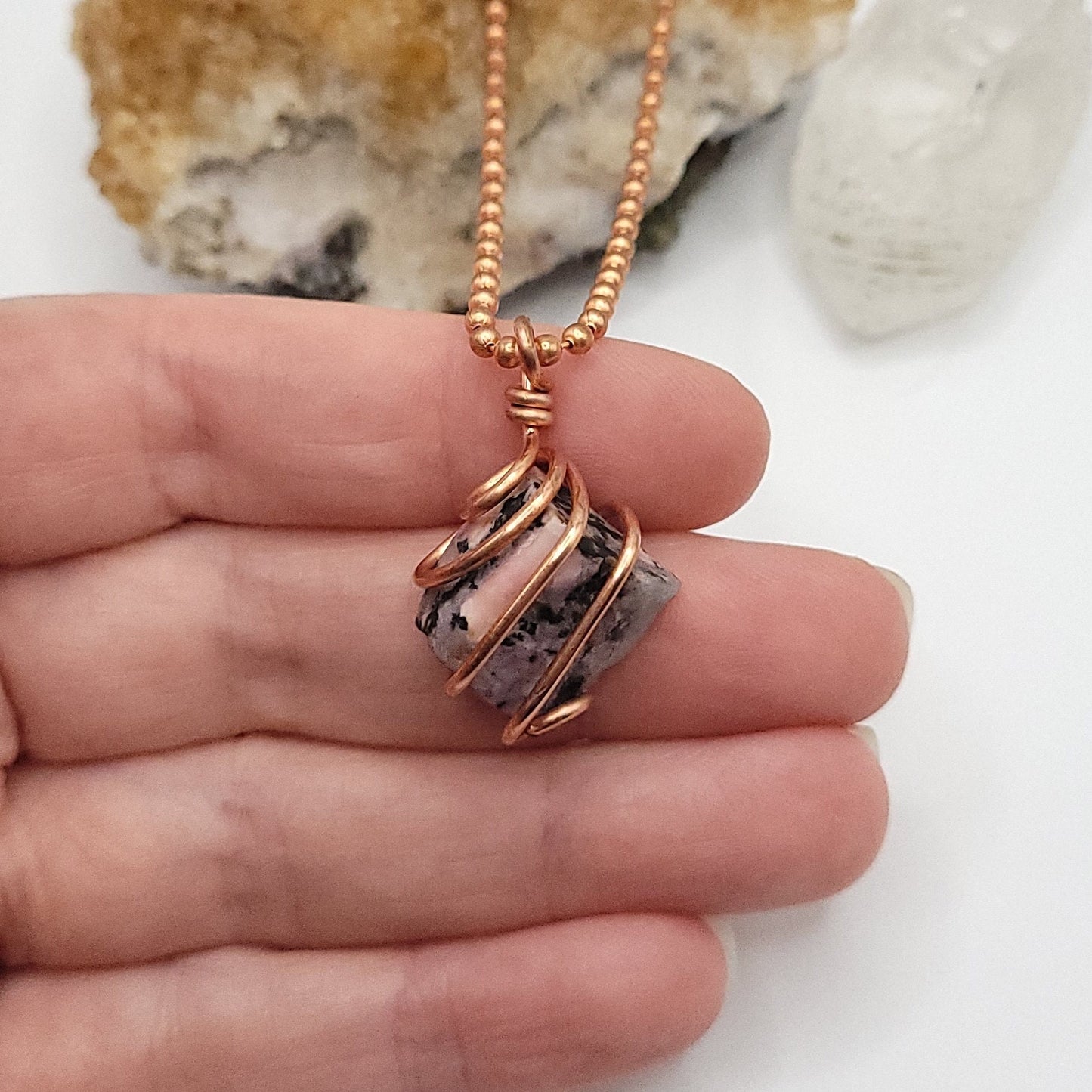 Rhodonite Necklace, Copper Wire Wrapped Rhodonite Pendant, Crystal Jewelry