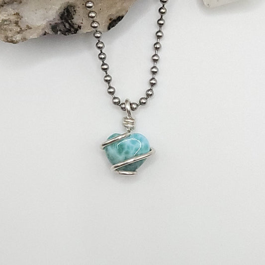 Larimar Heart Necklace, Silver Wire Wrapped Larimar Pendant, Raw Larimar Jewelry, Crystal Gifts