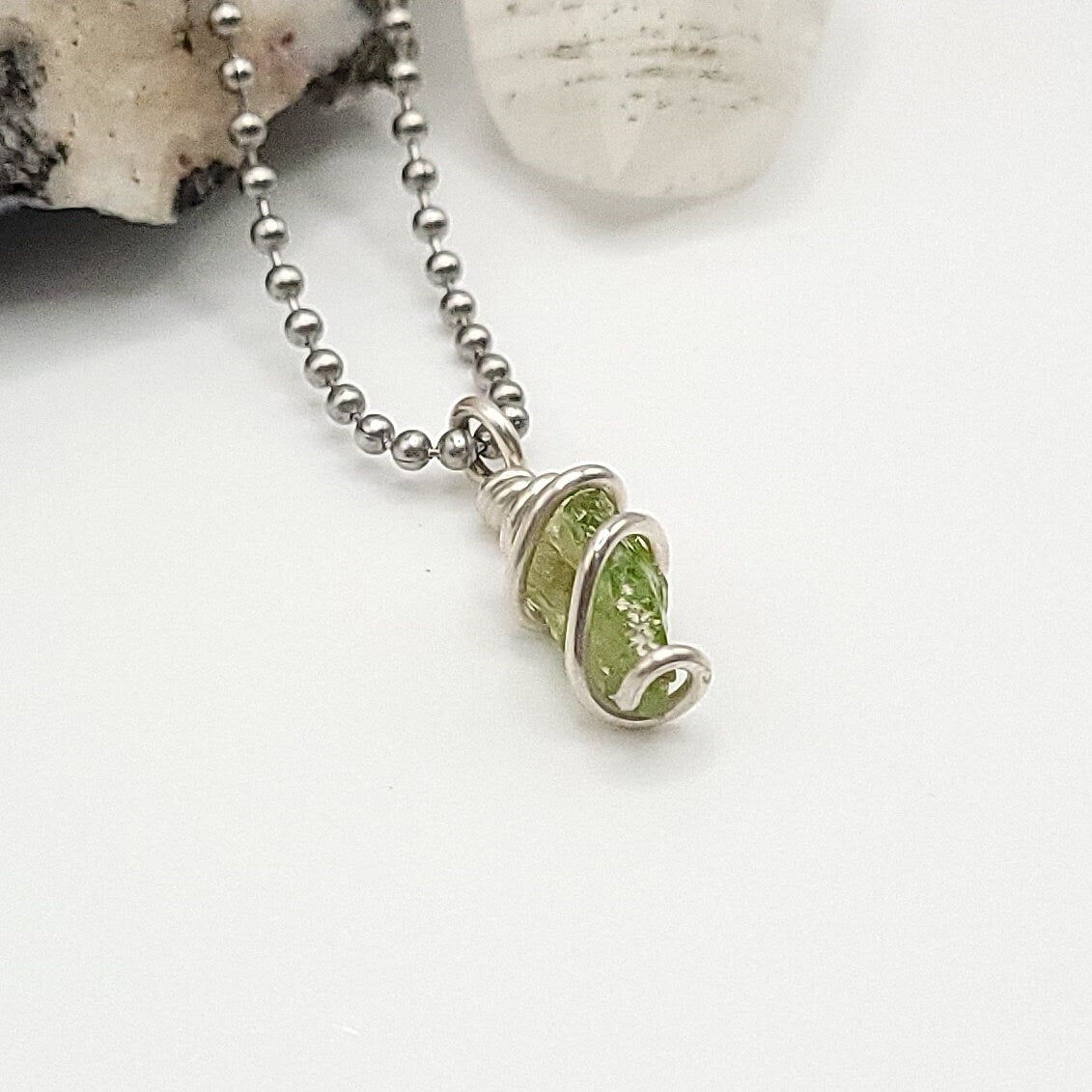 Raw Peridot Crystal Necklace in Silver Wire