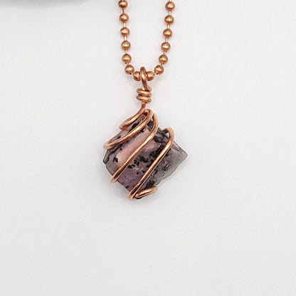 Rhodonite Necklace, Copper Wire Wrapped Rhodonite Pendant, Crystal Jewelry