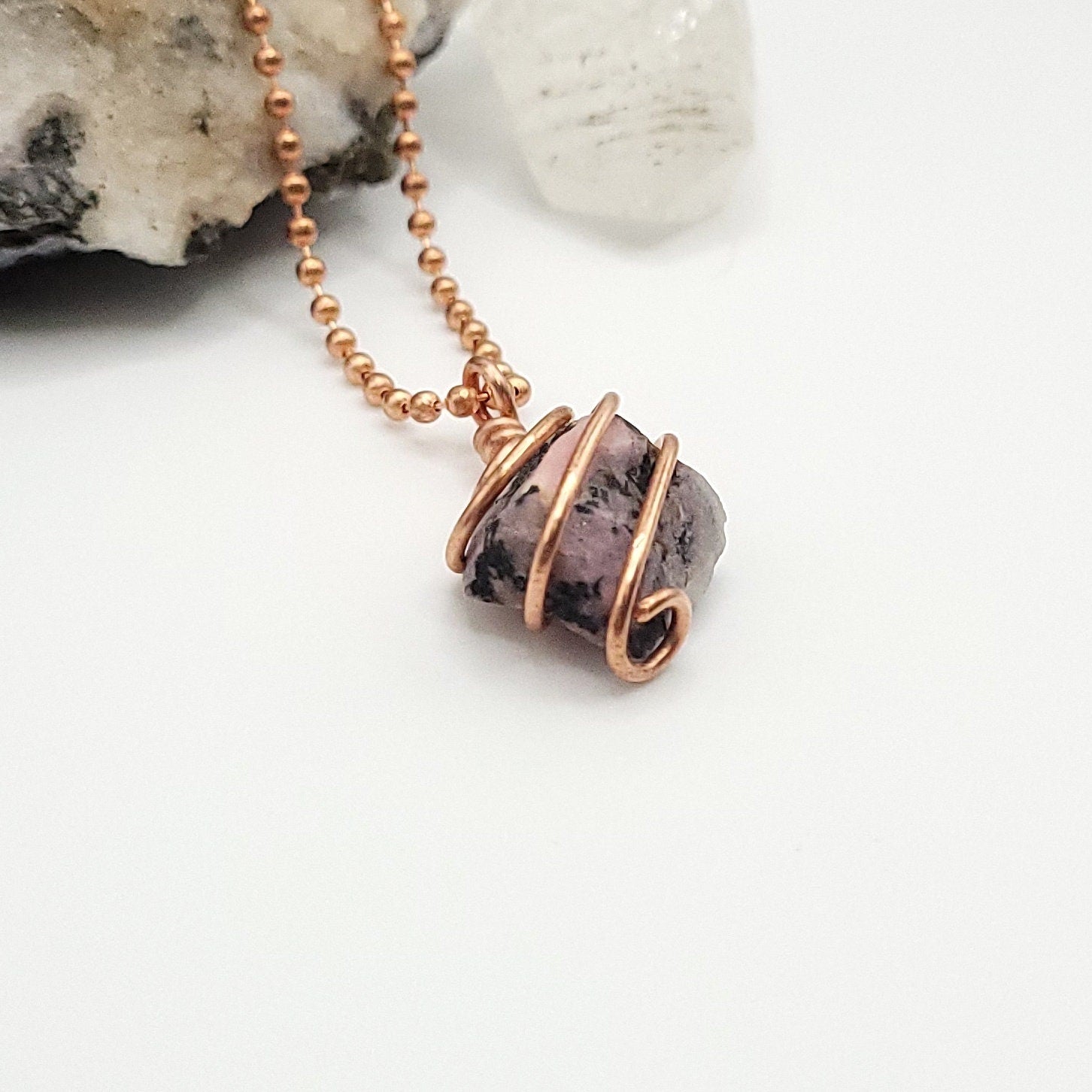 Rhodonite Necklace, Copper Wire Wrapped Rhodonite Pendant, Crystal Jewelry