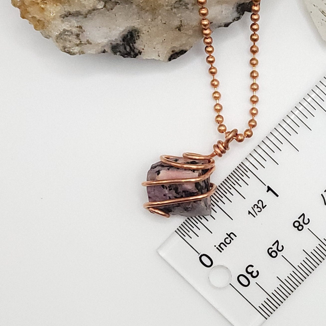 Rhodonite Necklace, Copper Wire Wrapped Rhodonite Pendant, Crystal Jewelry