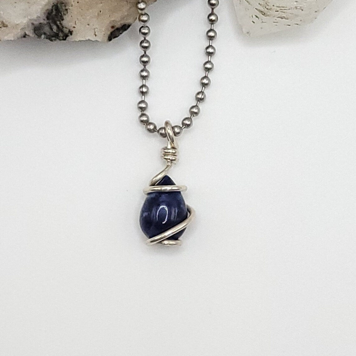 Sodalite Crystal Teardrop Necklace in Silver Wire