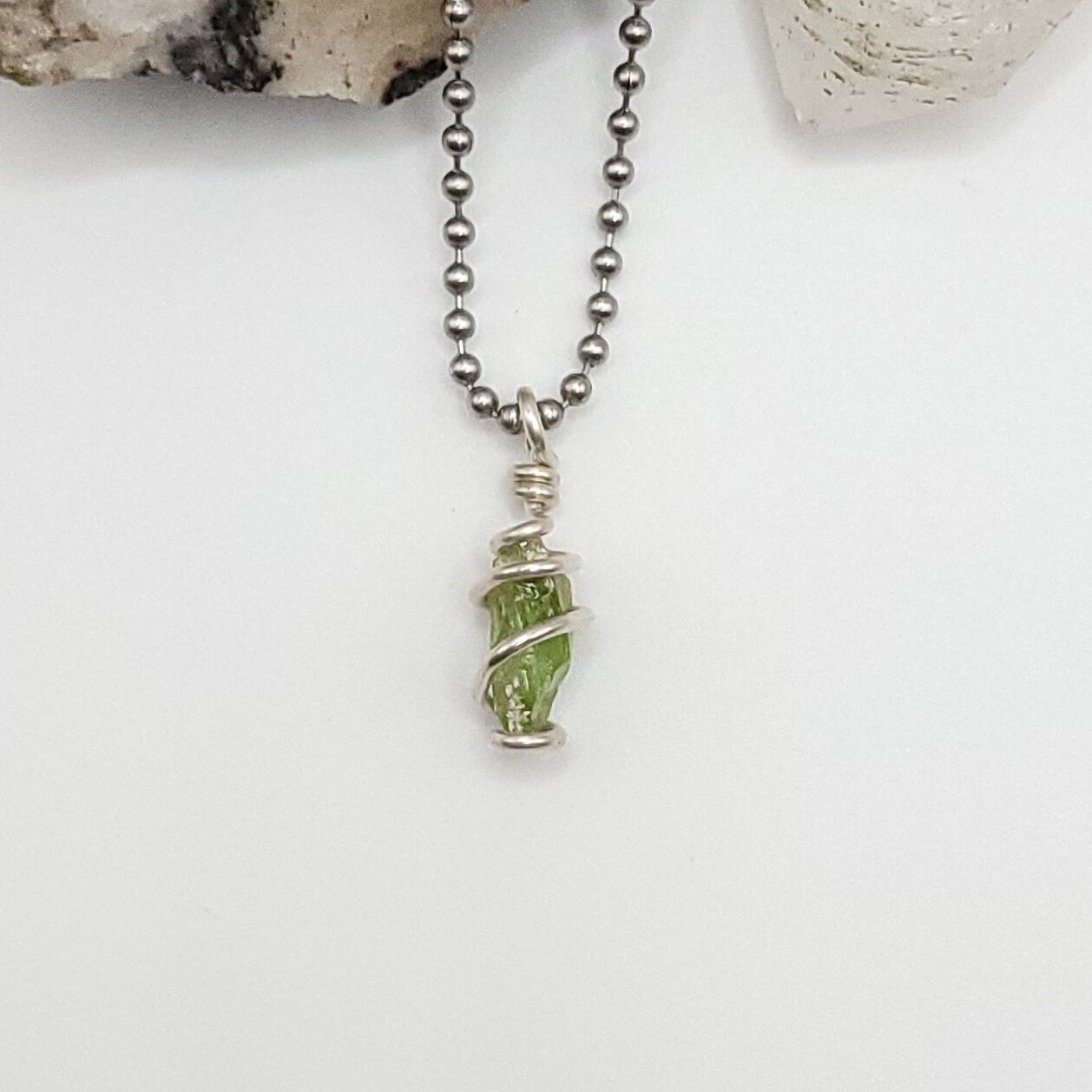 Raw Peridot Crystal Necklace in Silver Wire