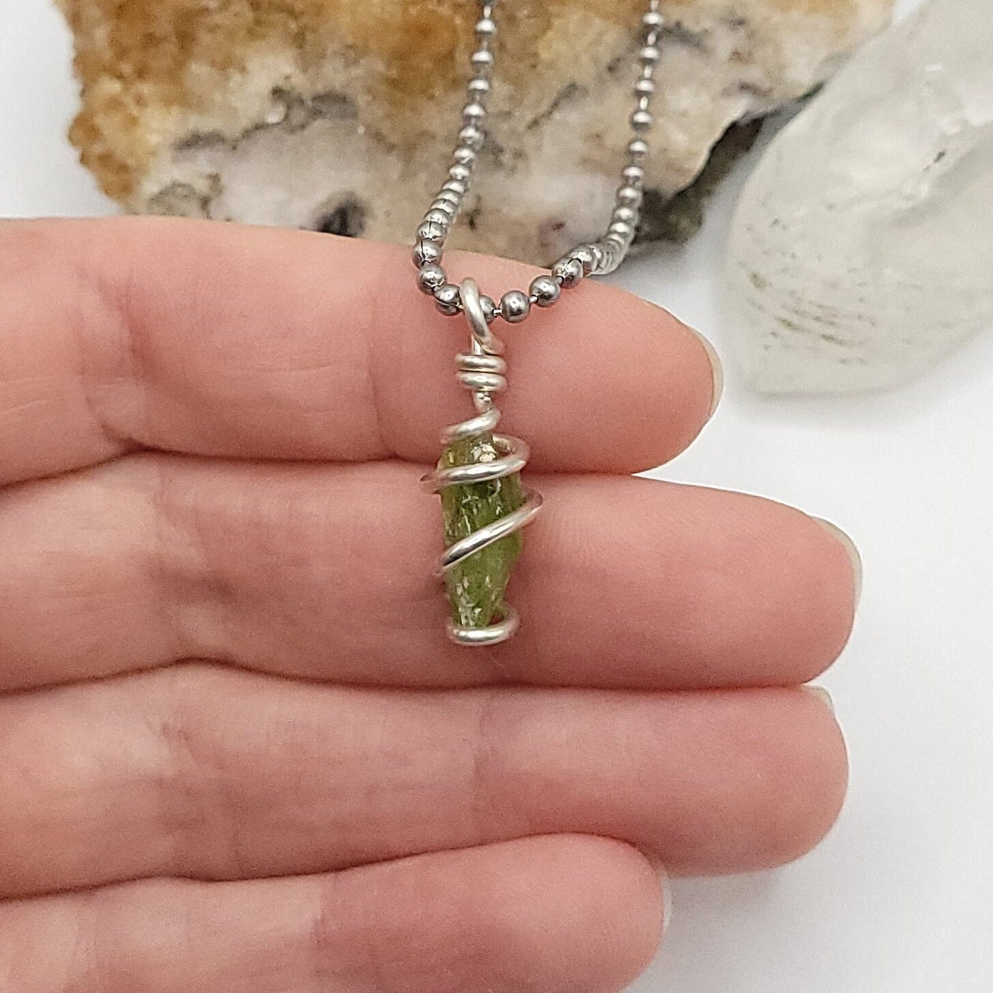 Raw Peridot Crystal Necklace in Silver Wire