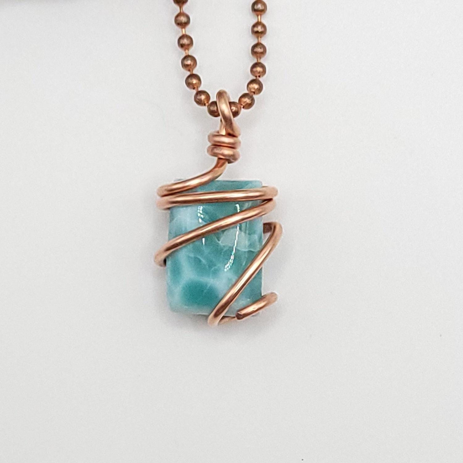 Larimar Necklace, Copper Wire Wrapped Larimar Pendant