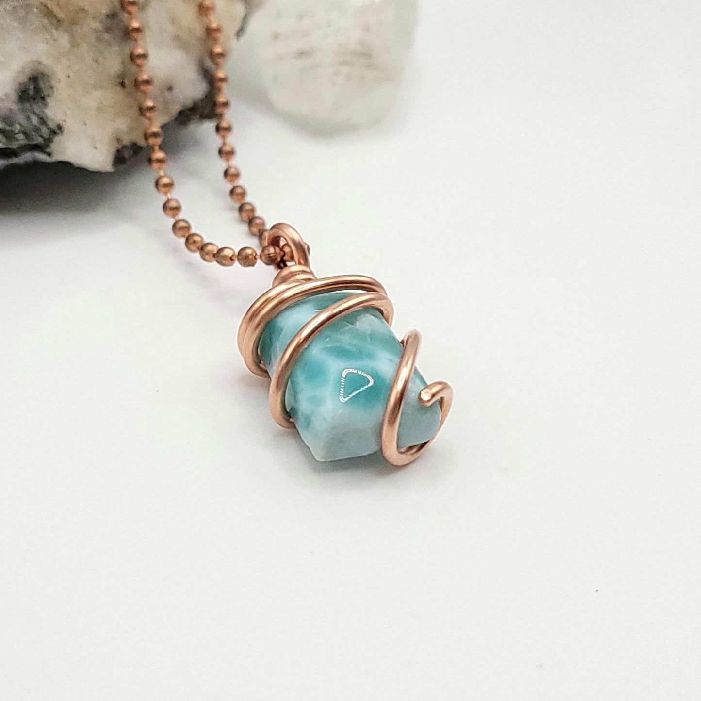 Larimar Necklace, Copper Wire Wrapped Larimar Pendant