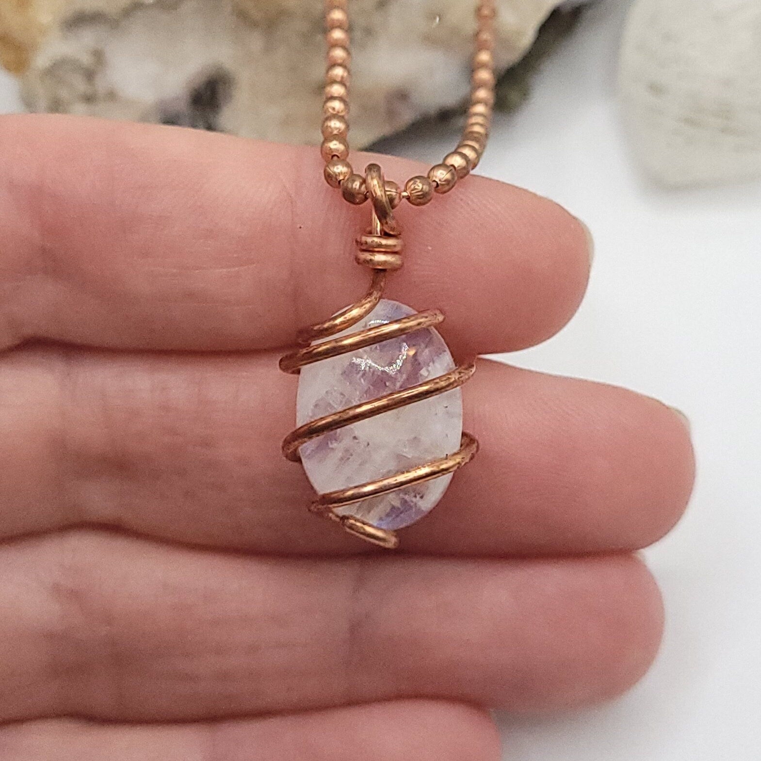 Rainbow Moonstone Crystal Necklace in Copper