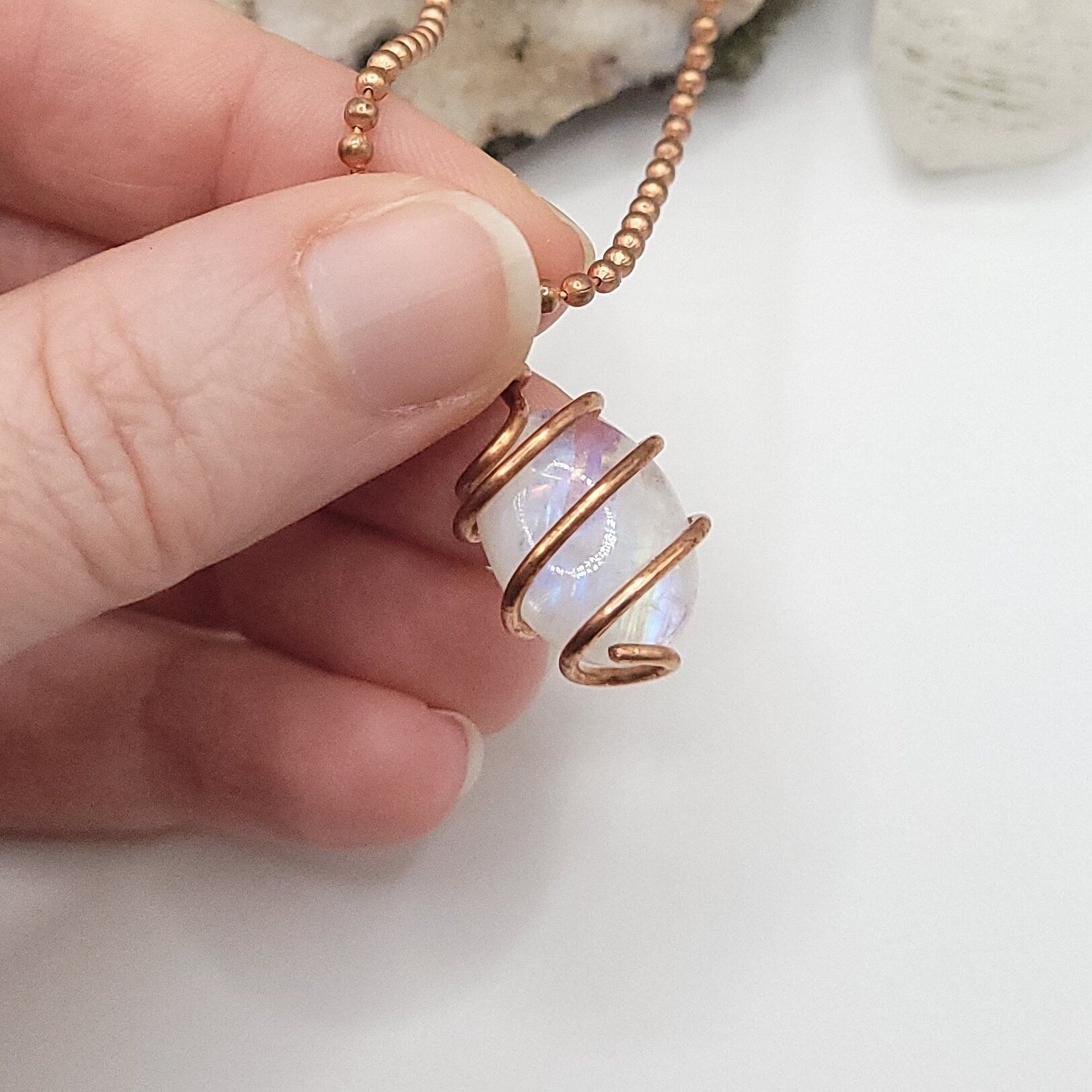 Rainbow Moonstone Crystal Necklace in Copper