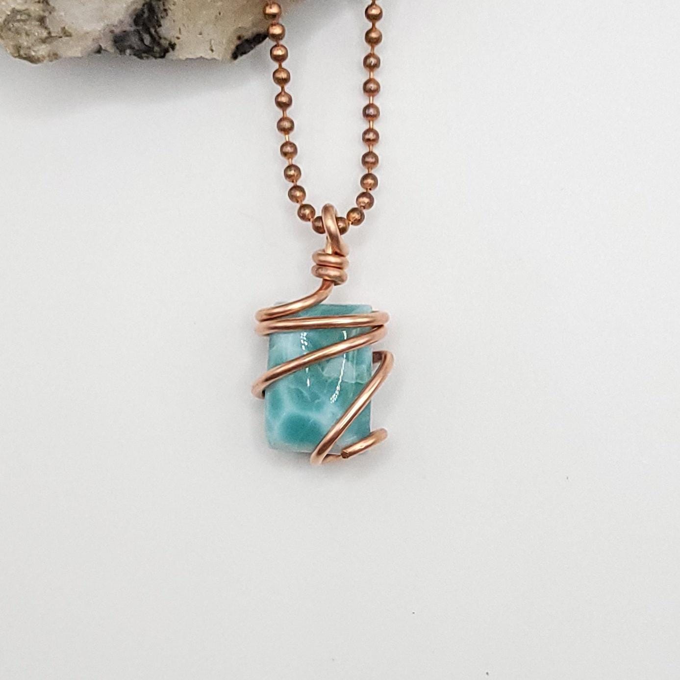 Larimar Necklace, Copper Wire Wrapped Larimar Pendant