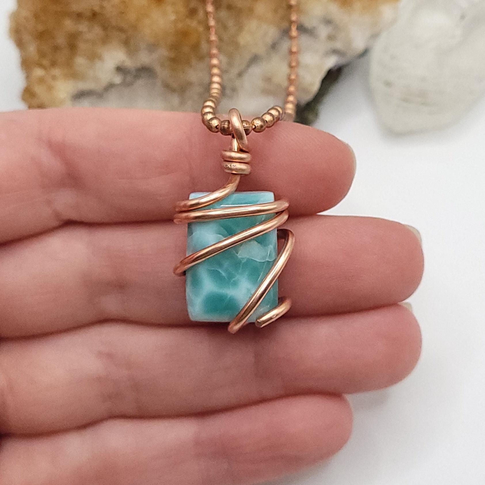 Larimar Necklace, Copper Wire Wrapped Larimar Pendant