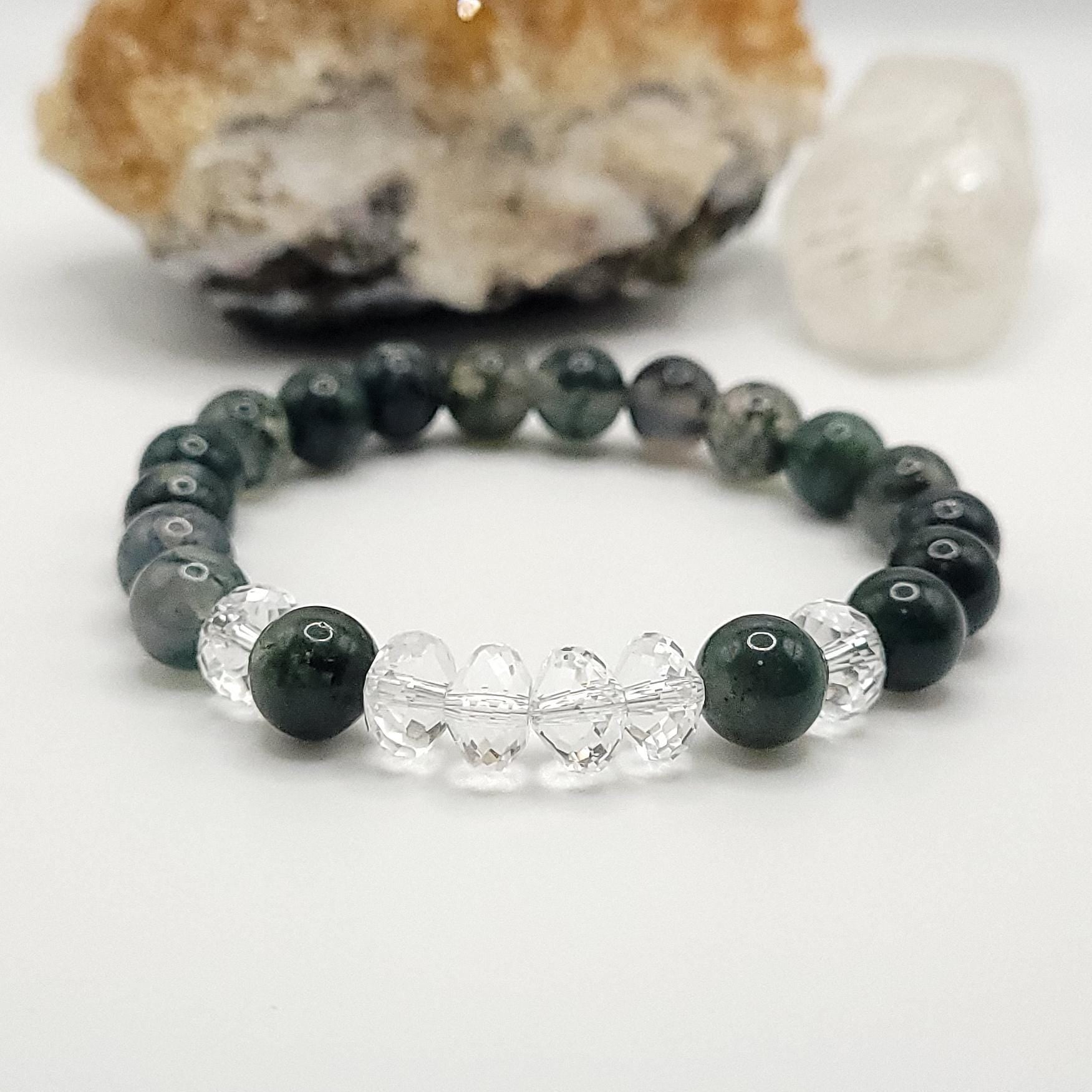 Green Moss Agate and Quartz Crystal Stretch Bracelet