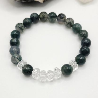 Green Moss Agate and Quartz Crystal Stretch Bracelet