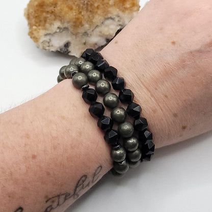 Pyrite, Onyx and Hematite Crystal Stretch Bracelet