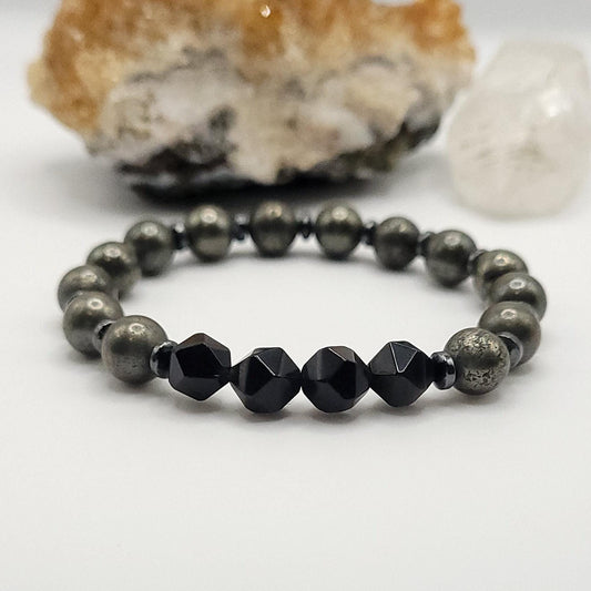 Pyrite, Onyx and Hematite Crystal Stretch Bracelet