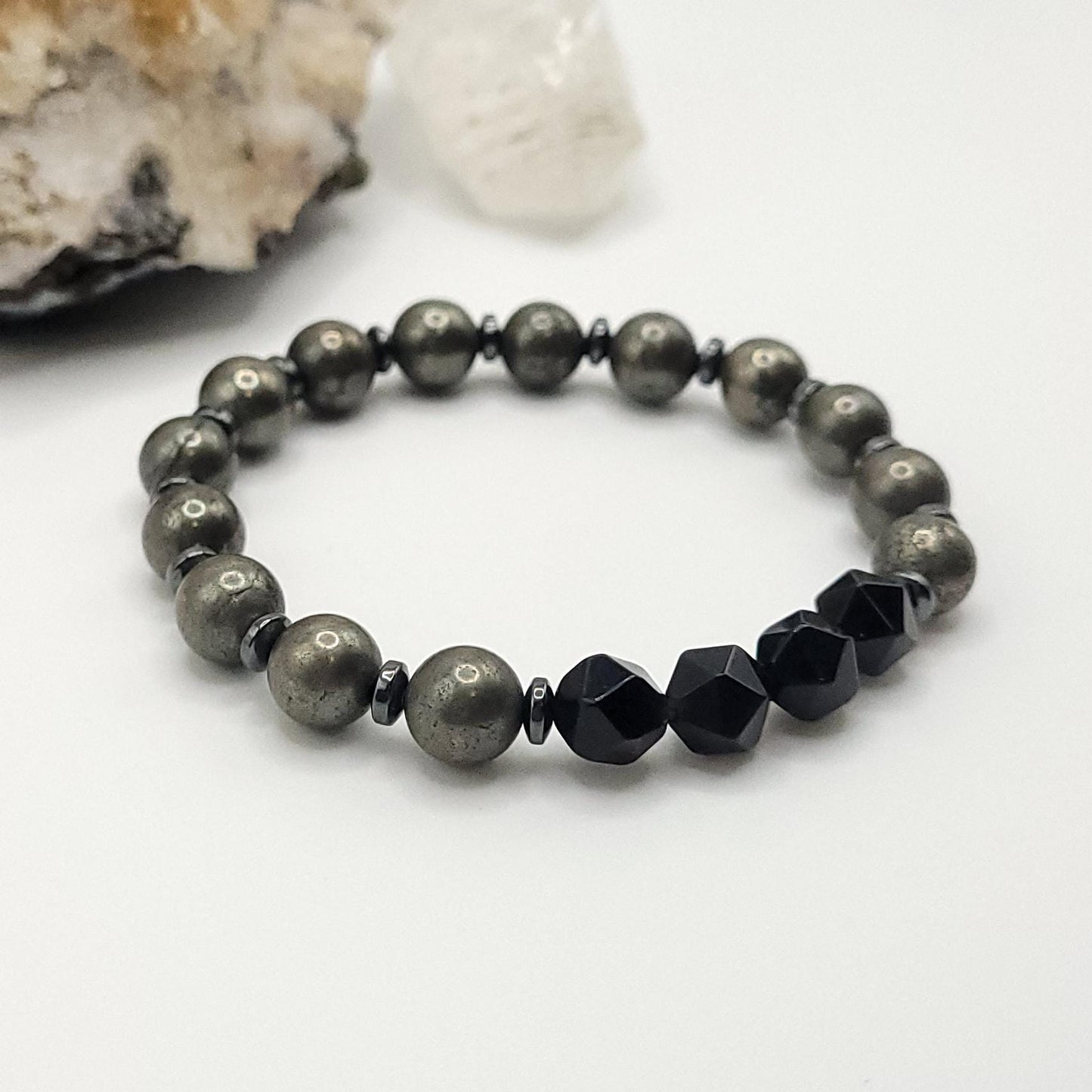 Pyrite, Onyx and Hematite Crystal Stretch Bracelet