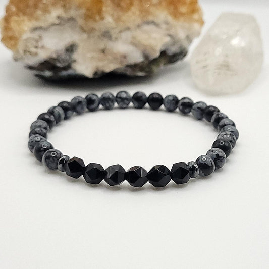 Snowflake Obsidian, Onyx and Hematite Crystal Stretch Bracelet