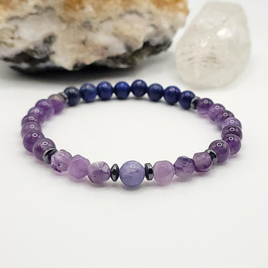 Amethyst, Lapis Lazuli, Hematite and Tanzanite Crystal Stretch Bracelet