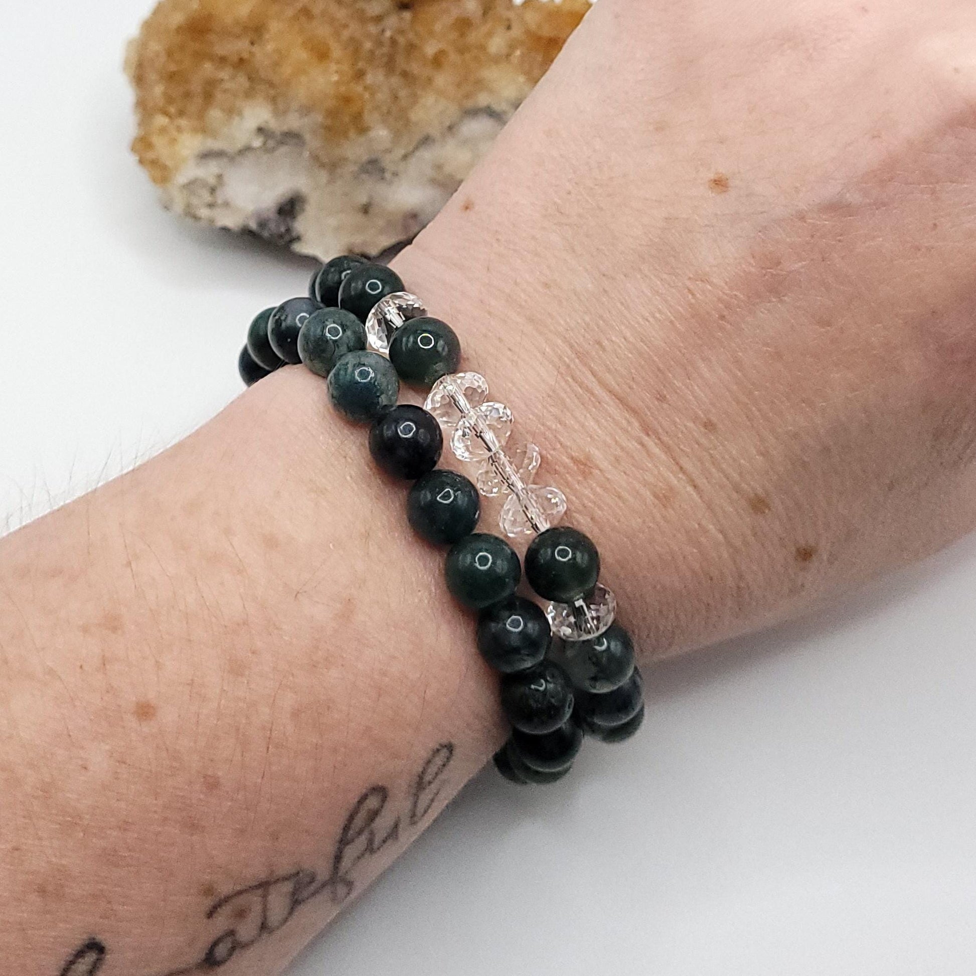 Green Moss Agate and Quartz Crystal Stretch Bracelet