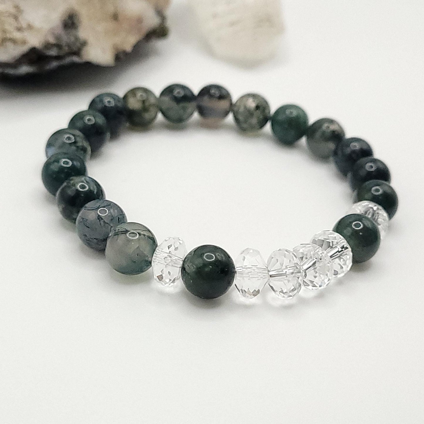 Green Moss Agate and Quartz Crystal Stretch Bracelet